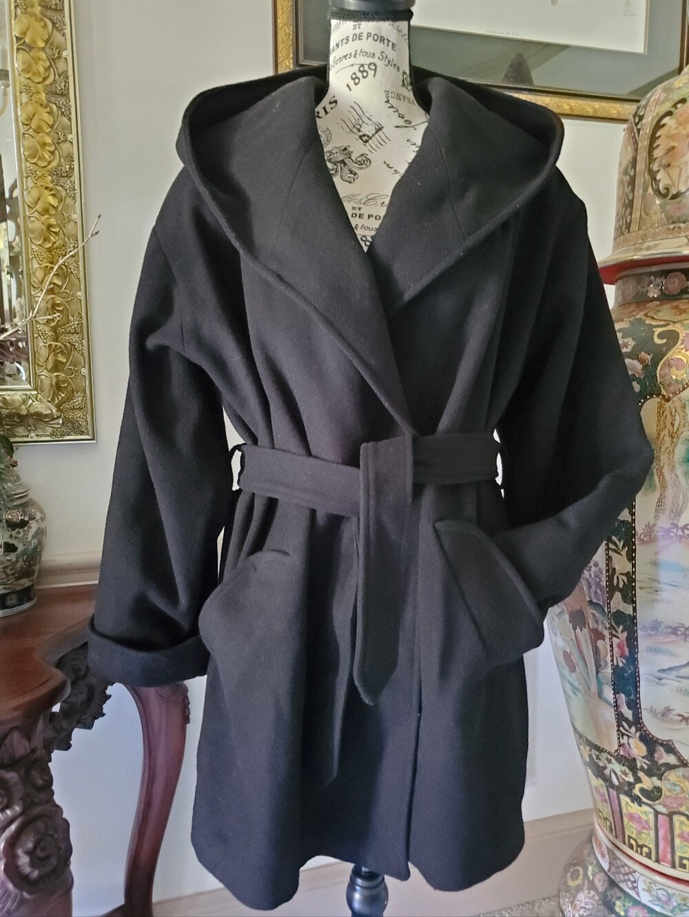 Vintage Stephanie Mathews II Black Hooded Wool Wrap Coat